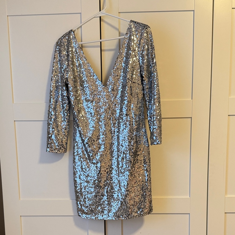 Glamorous Silver Sequin V-Neck Mini Dress